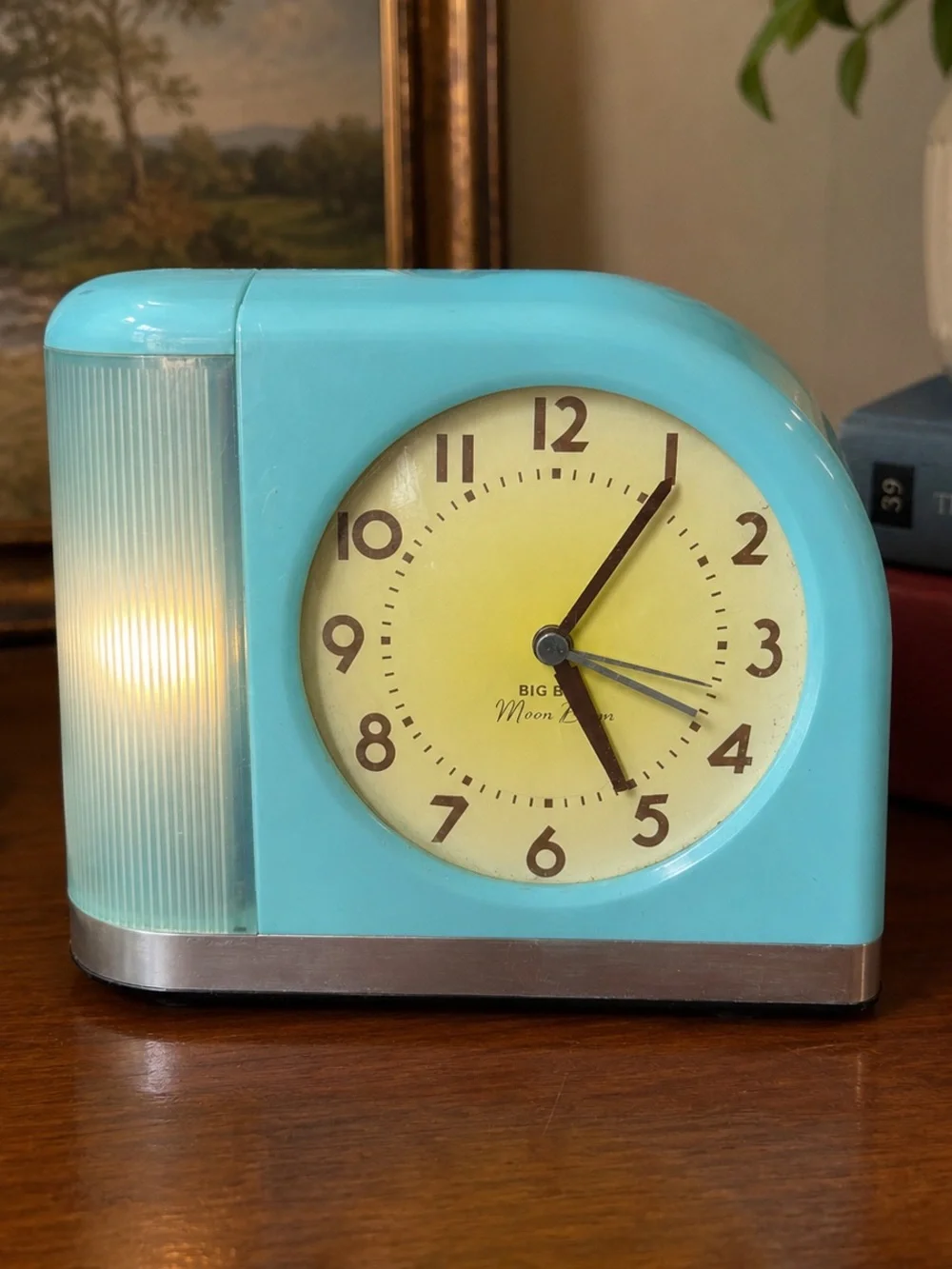 Vintage Big Ben Moon Beam Aqua Alarm Clock with Night Light Mid-Century Modern